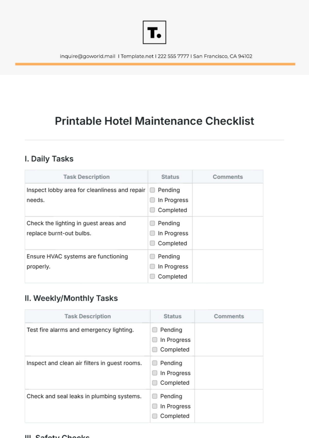 Printable Hotel Maintenance Checklist Template - Edit Online & Download