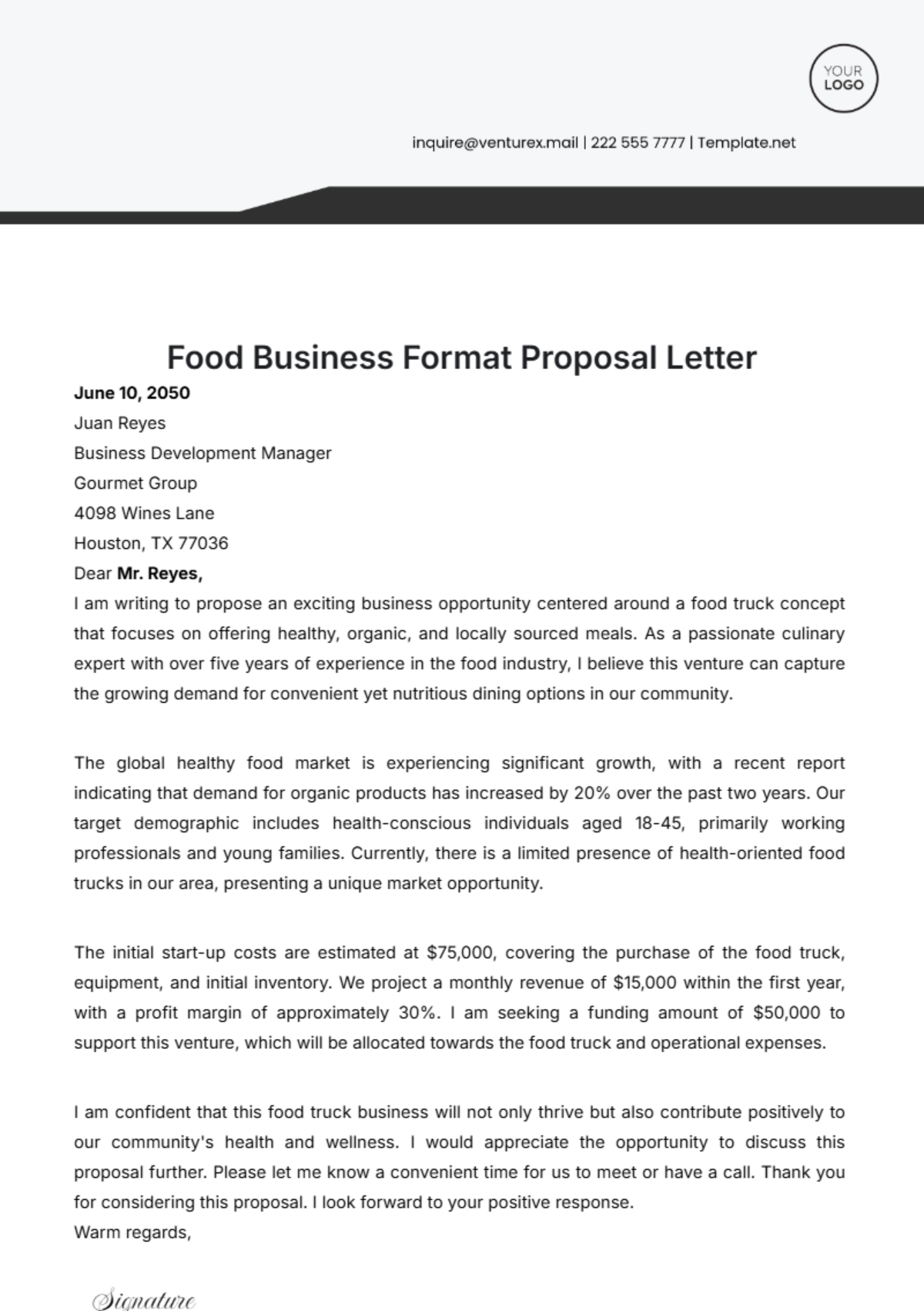 Food Business Format Proposal Letter Template - Edit Online & Download