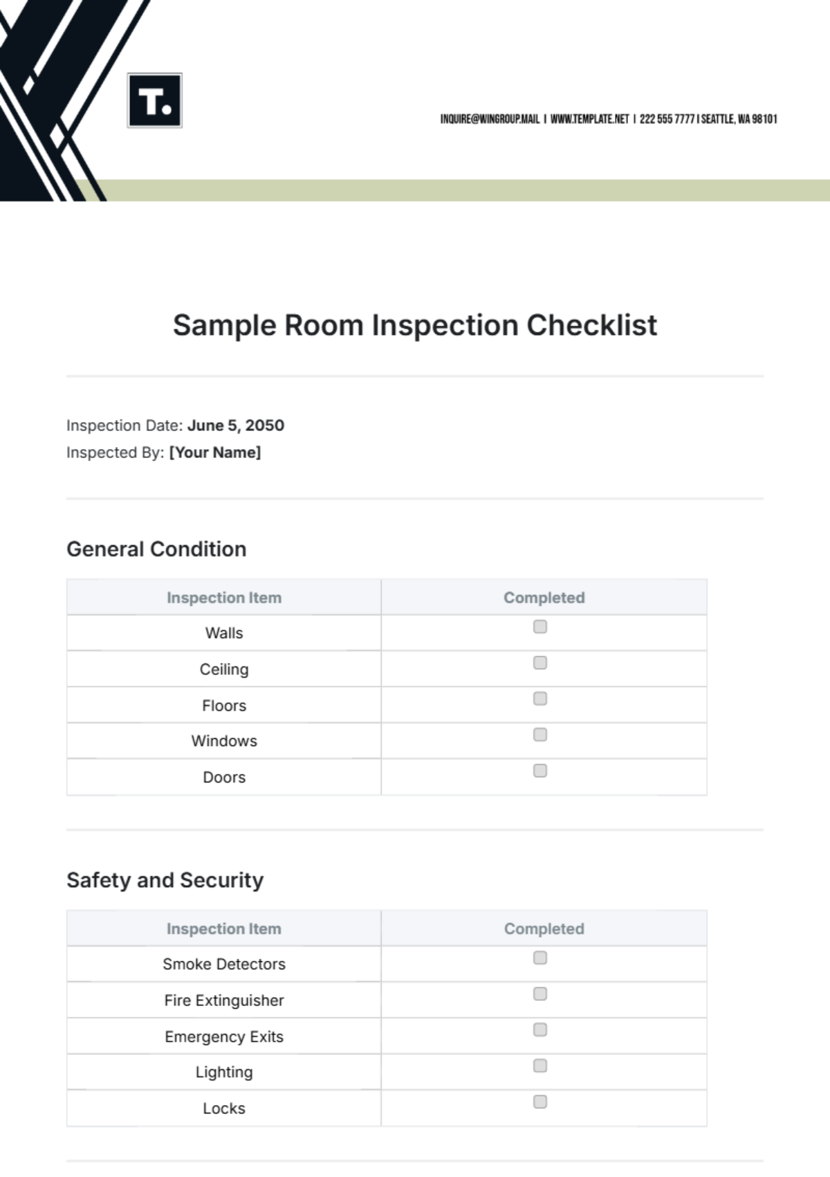 Sample Room Inspection Checklist Template - Edit Online & Download