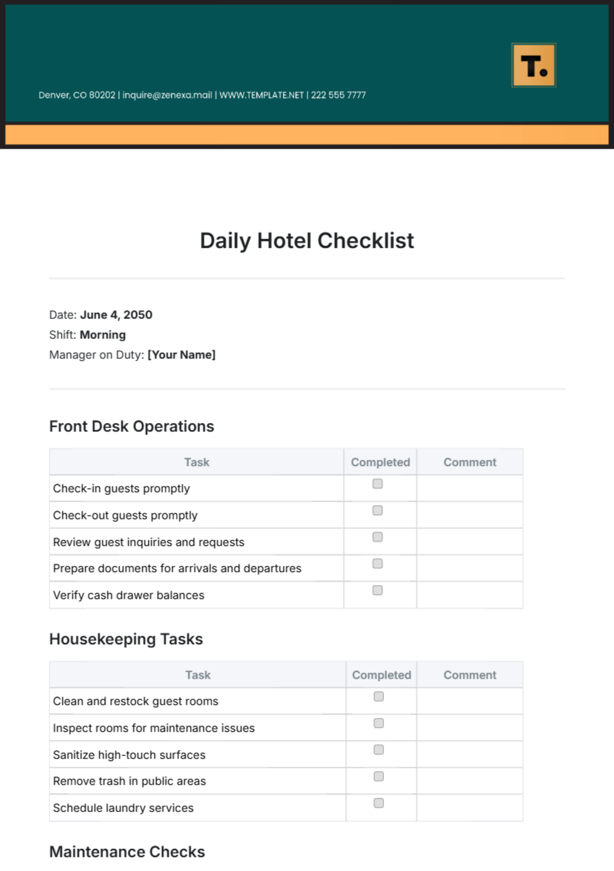 Free Daily Hotel Checklist Template