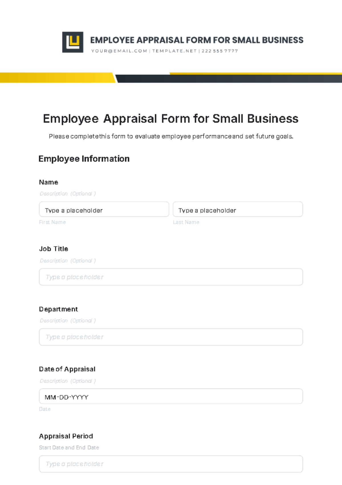 Employee Appraisal Form for Small Business Template - Edit Online & Download