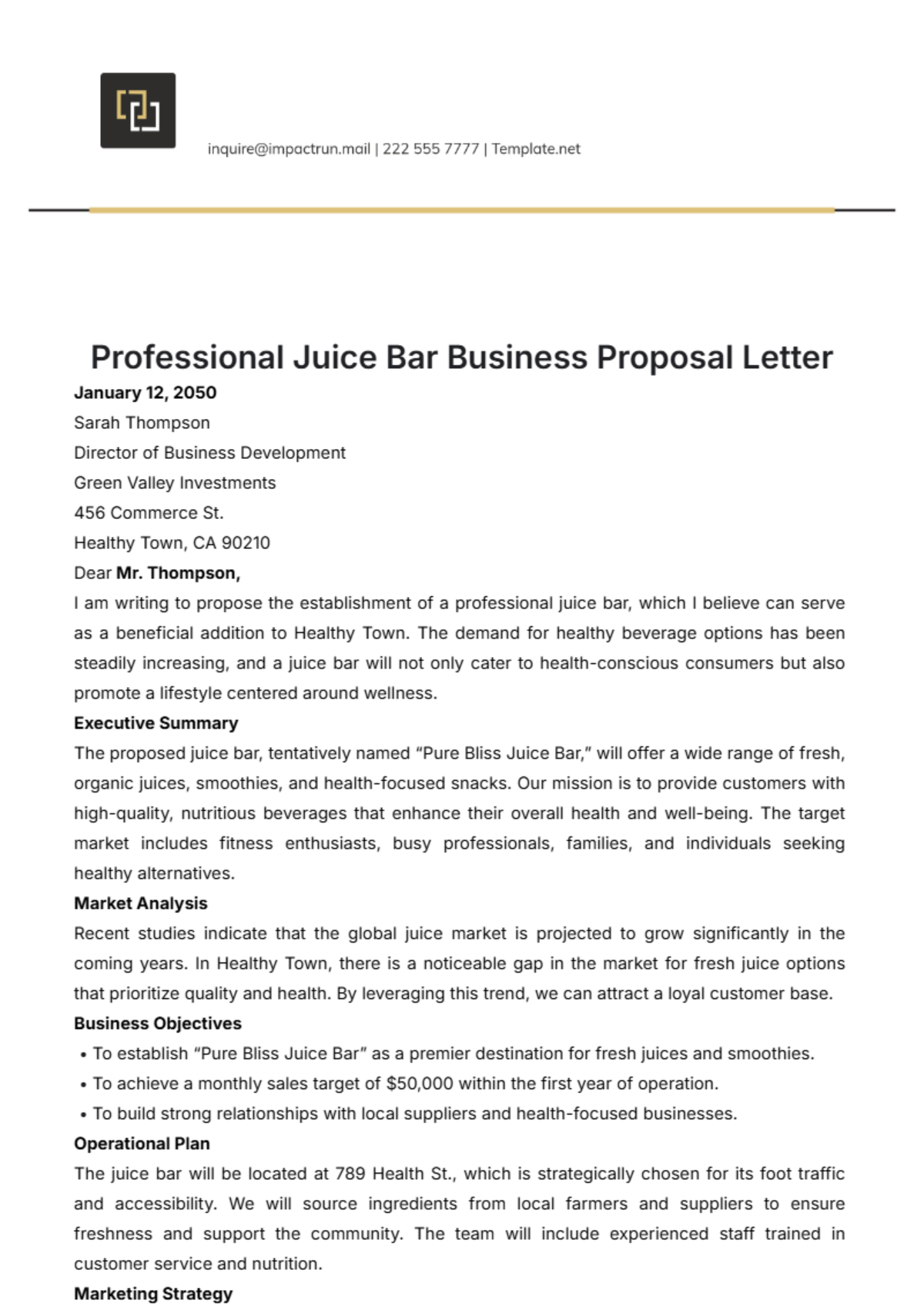 Professional Juice Bar Business Proposal Letter Template - Edit Online & Download