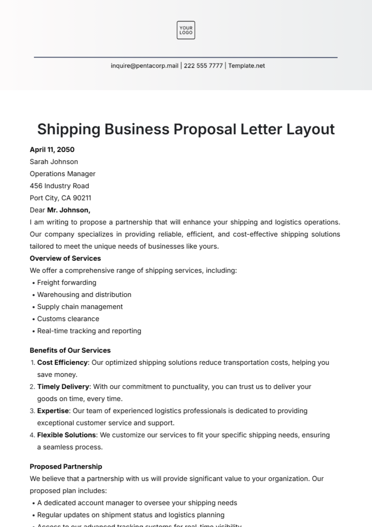 Shipping Business Proposal Letter Layout Template - Edit Online & Download