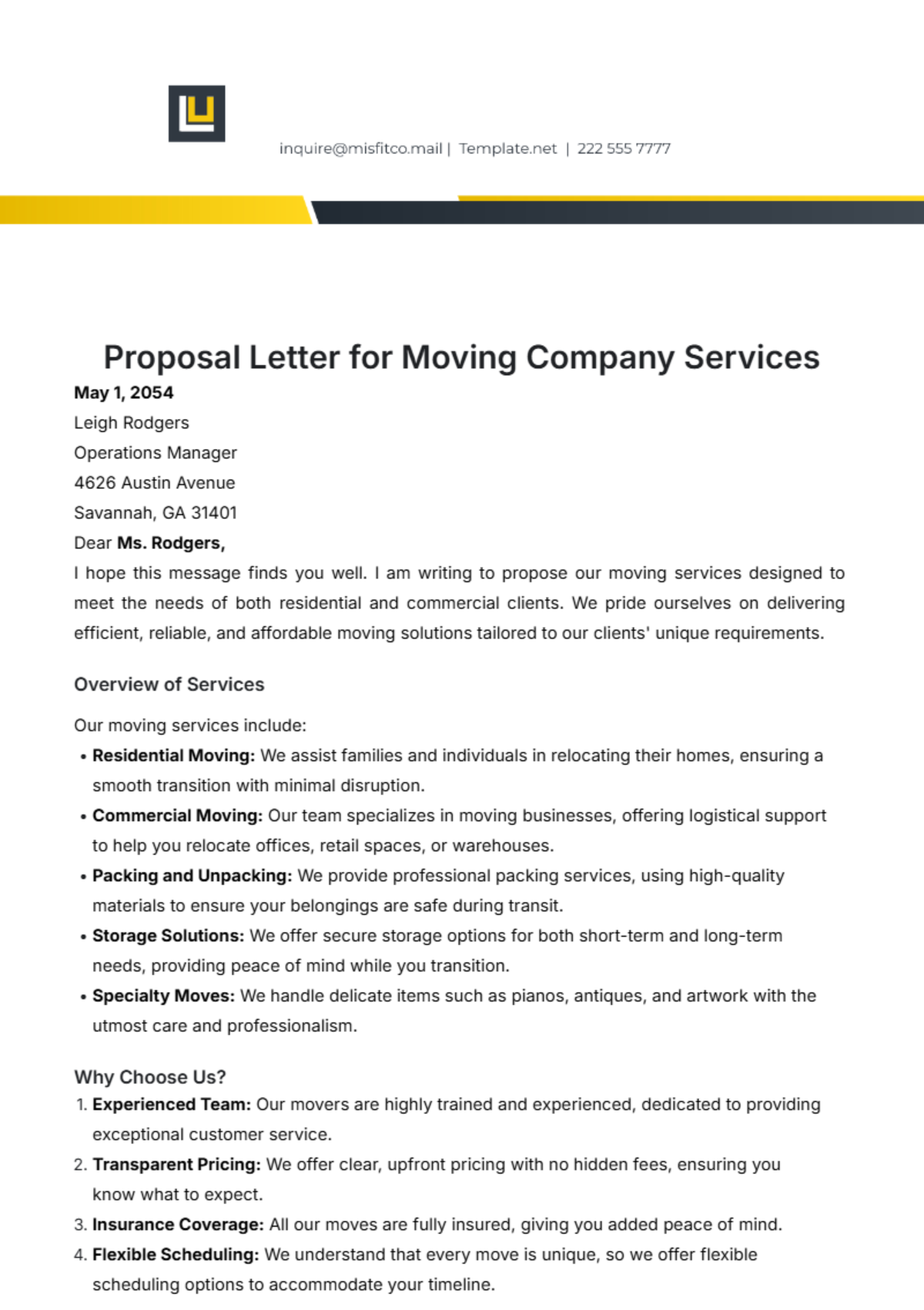 Proposal Letter for Moving Company Services Template - Edit Online & Download