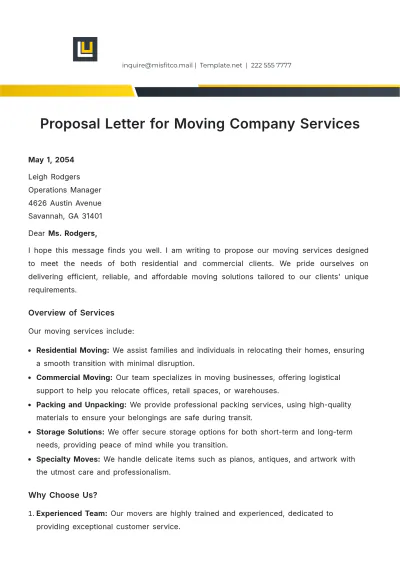 Free Proposal Letter for Moving Company Services Template to Edit Online