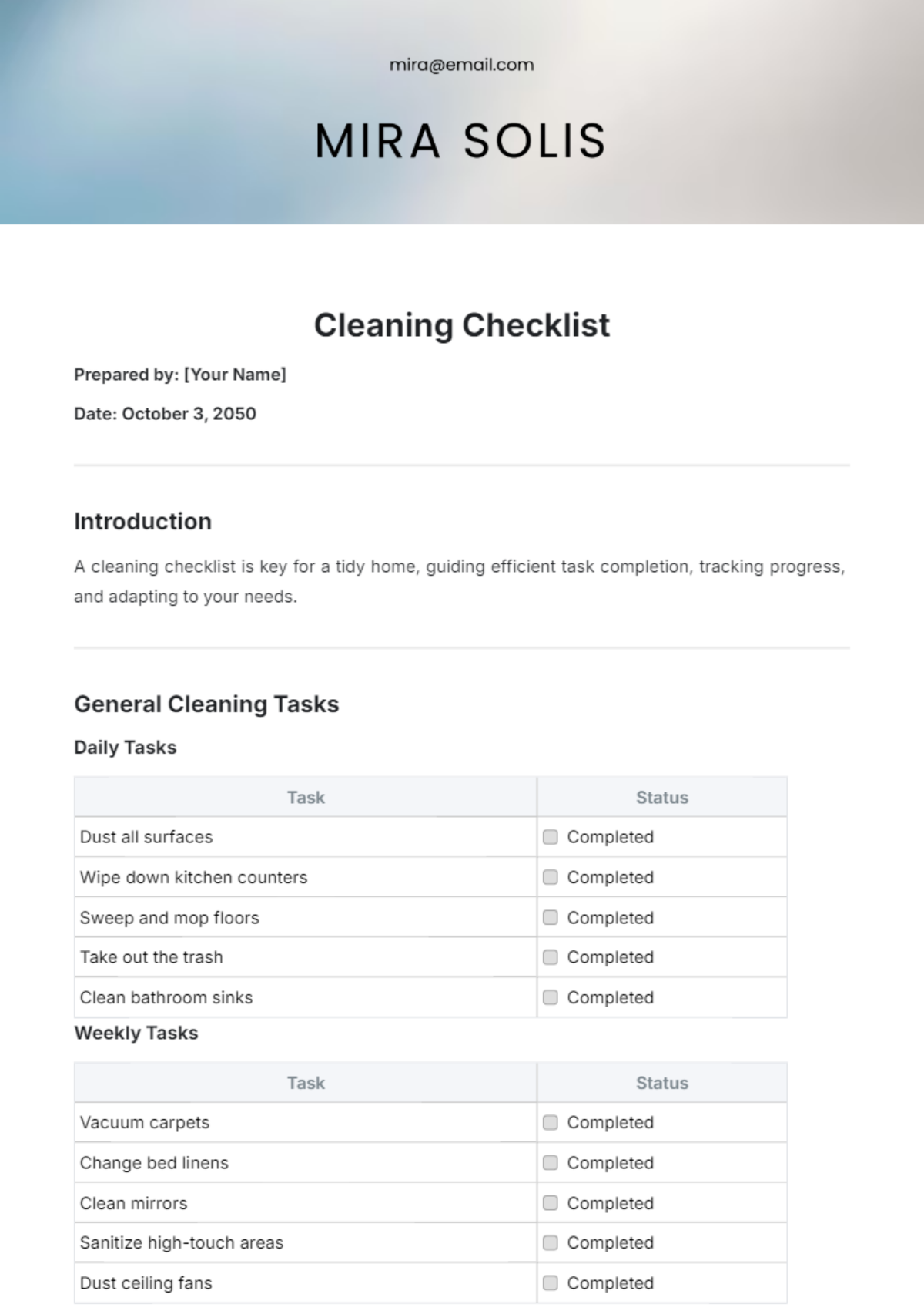 Cleaning Checklist Template - Edit Online & Download