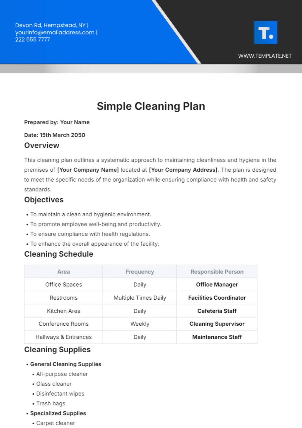 Simple Cleaning Plan Template - Edit Online & Download