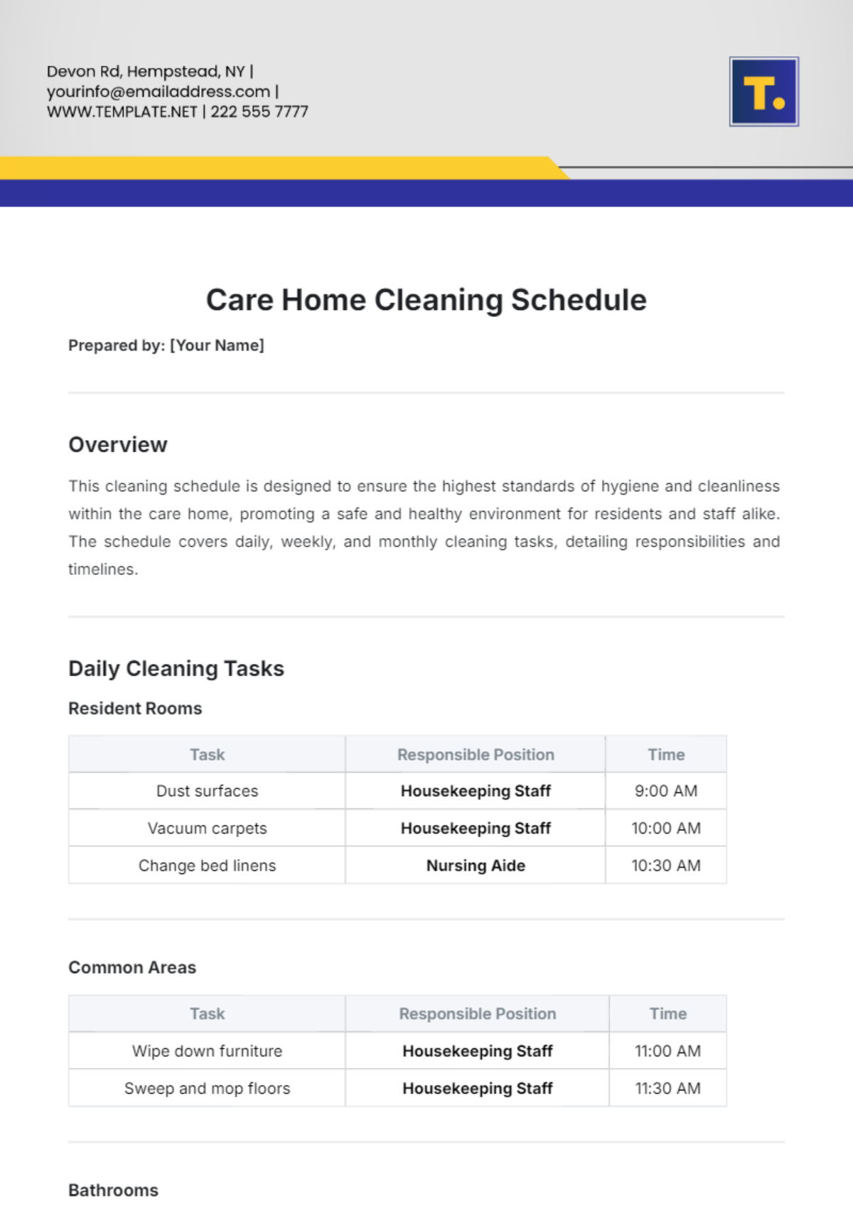 Care Home Cleaning Schedule Template - Edit Online & Download