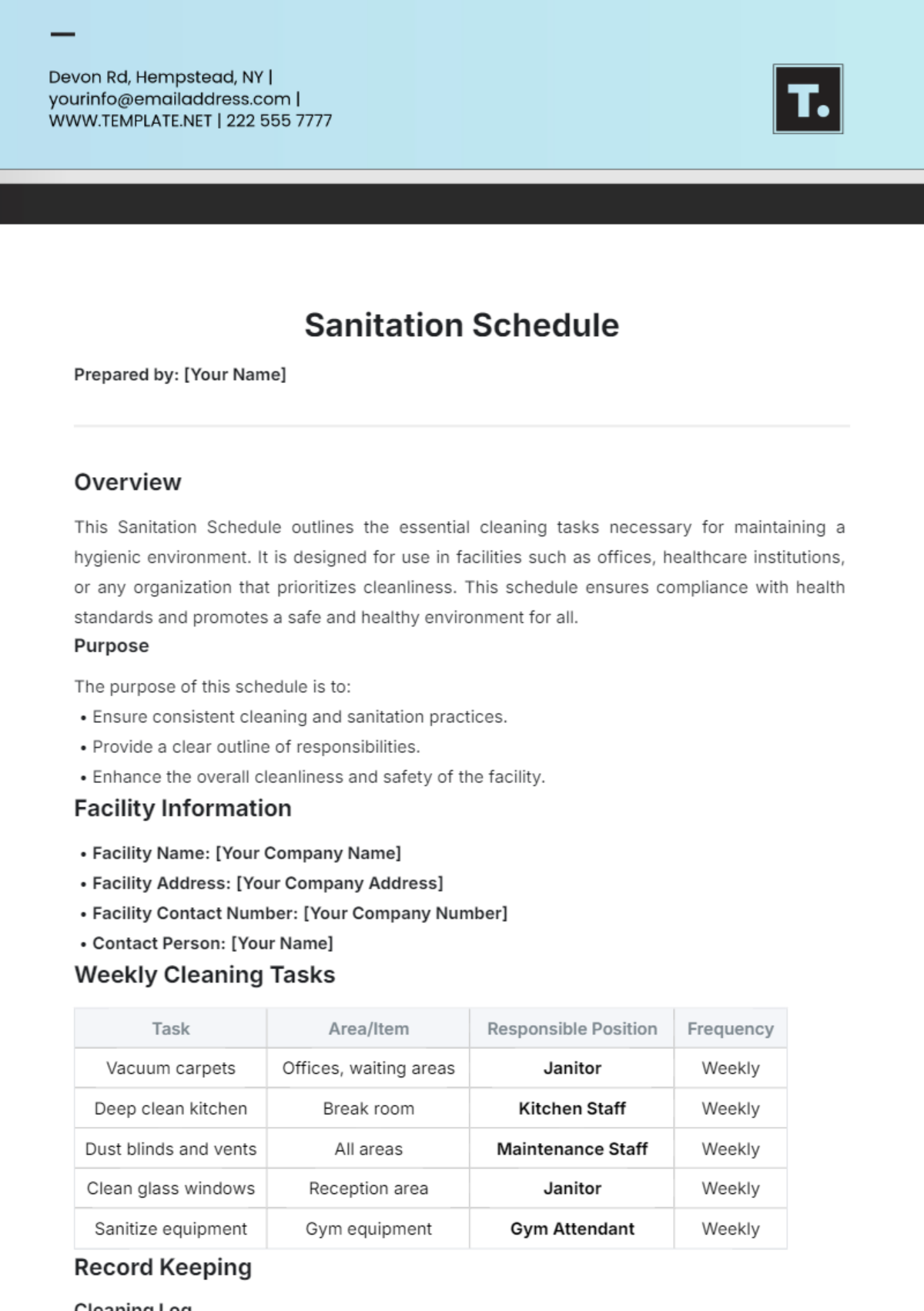 Sanitation Schedule Template - Edit Online & Download