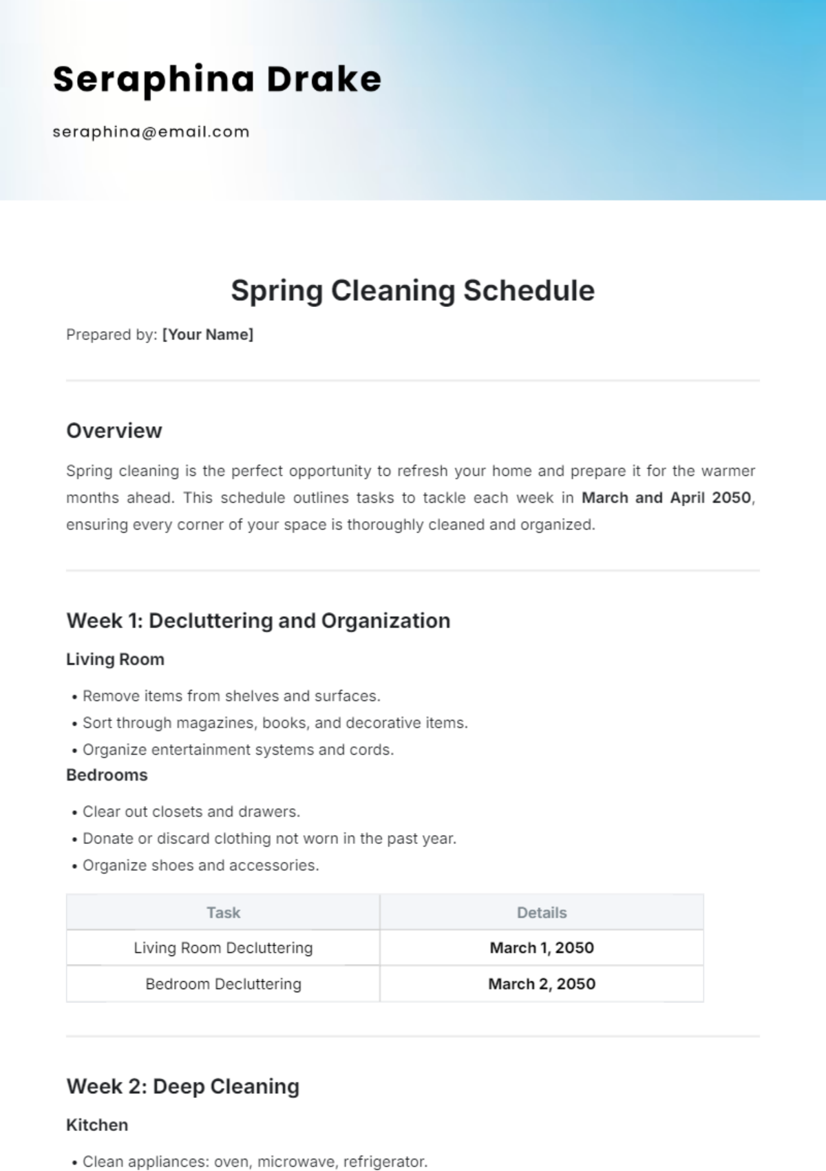 Spring Cleaning Schedule Template - Edit Online & Download