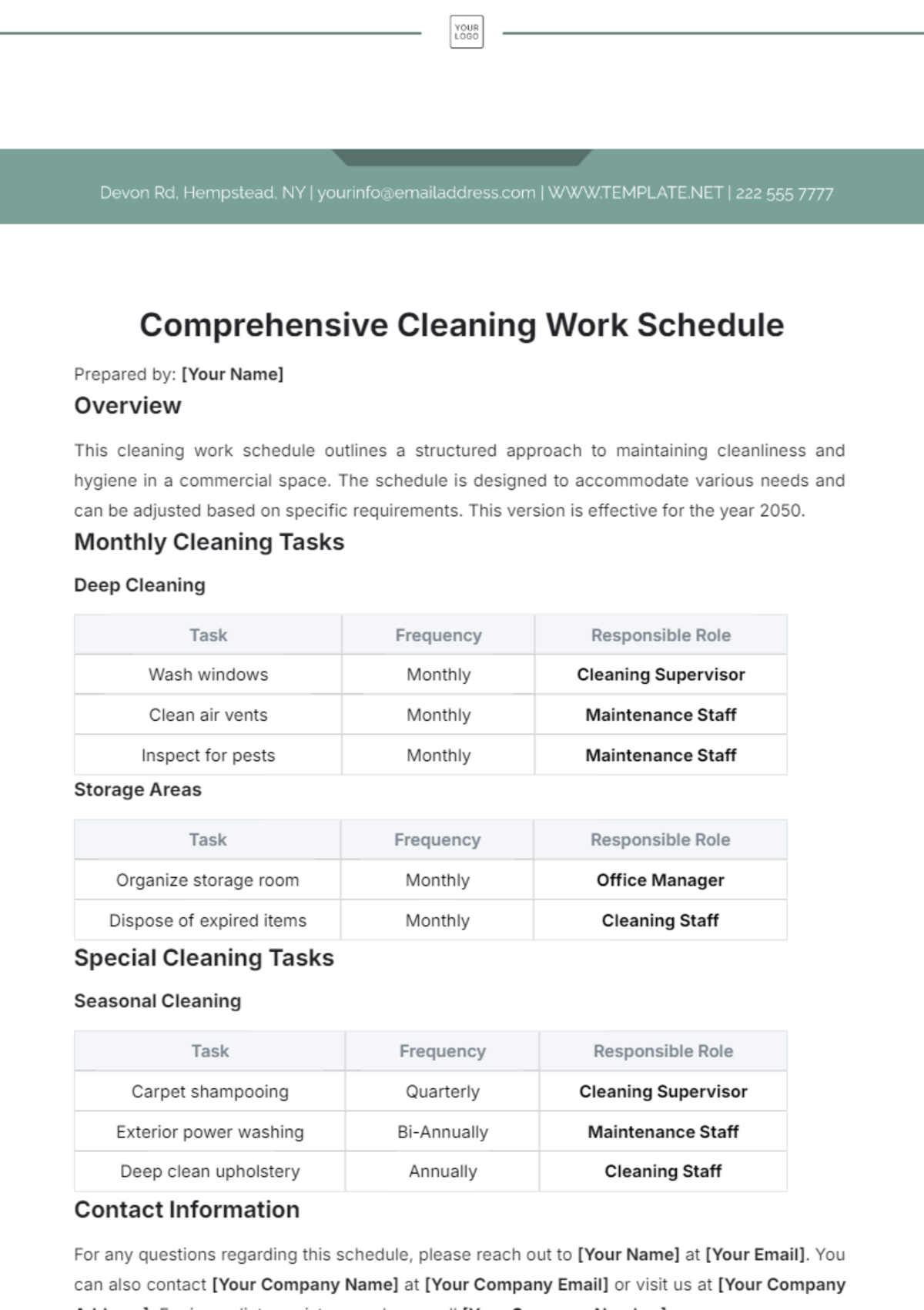 Sample Cleaning Work Schedule Template - Edit Online & Download