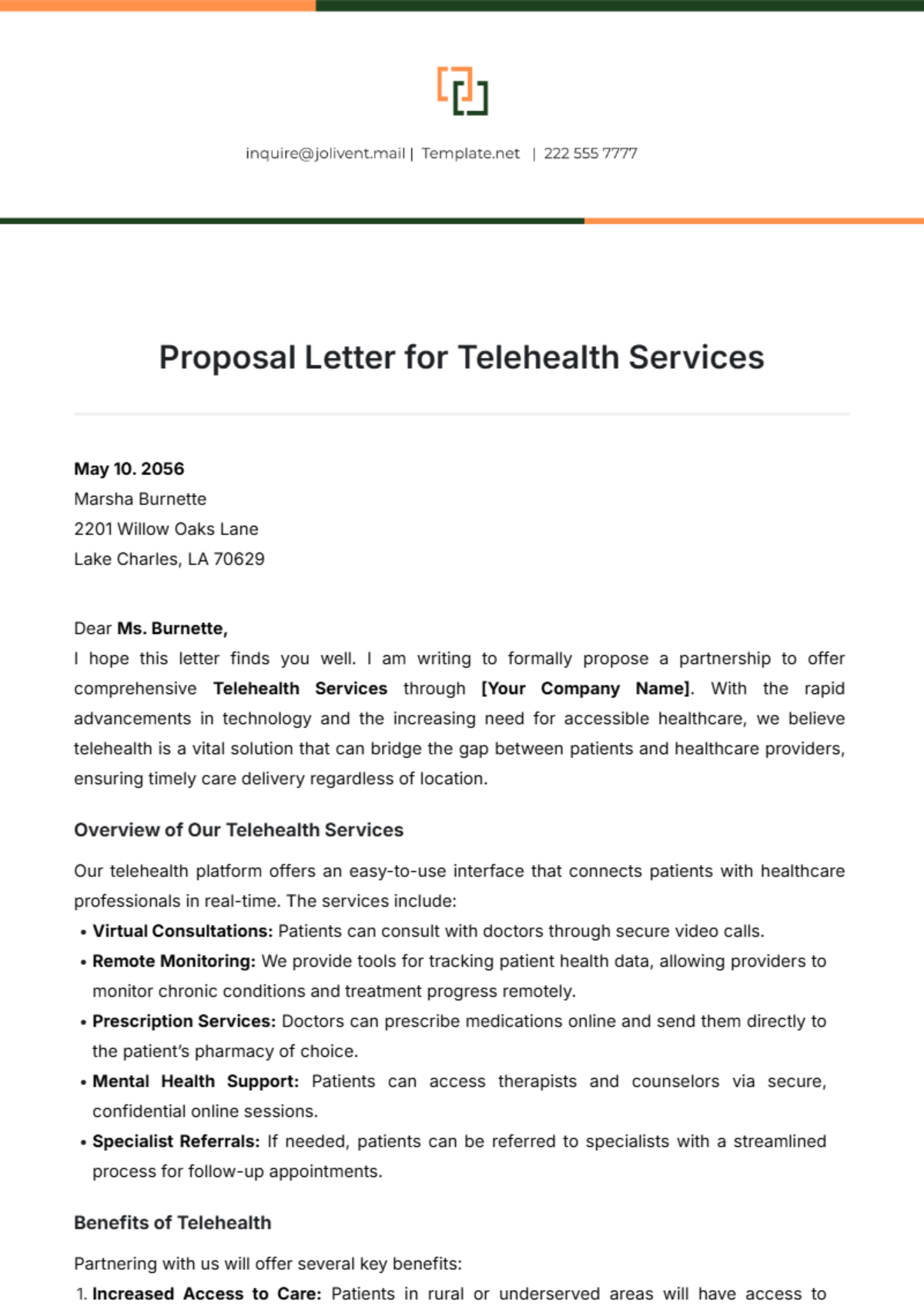 Proposal Letter for Telehealth Services Template - Edit Online & Download