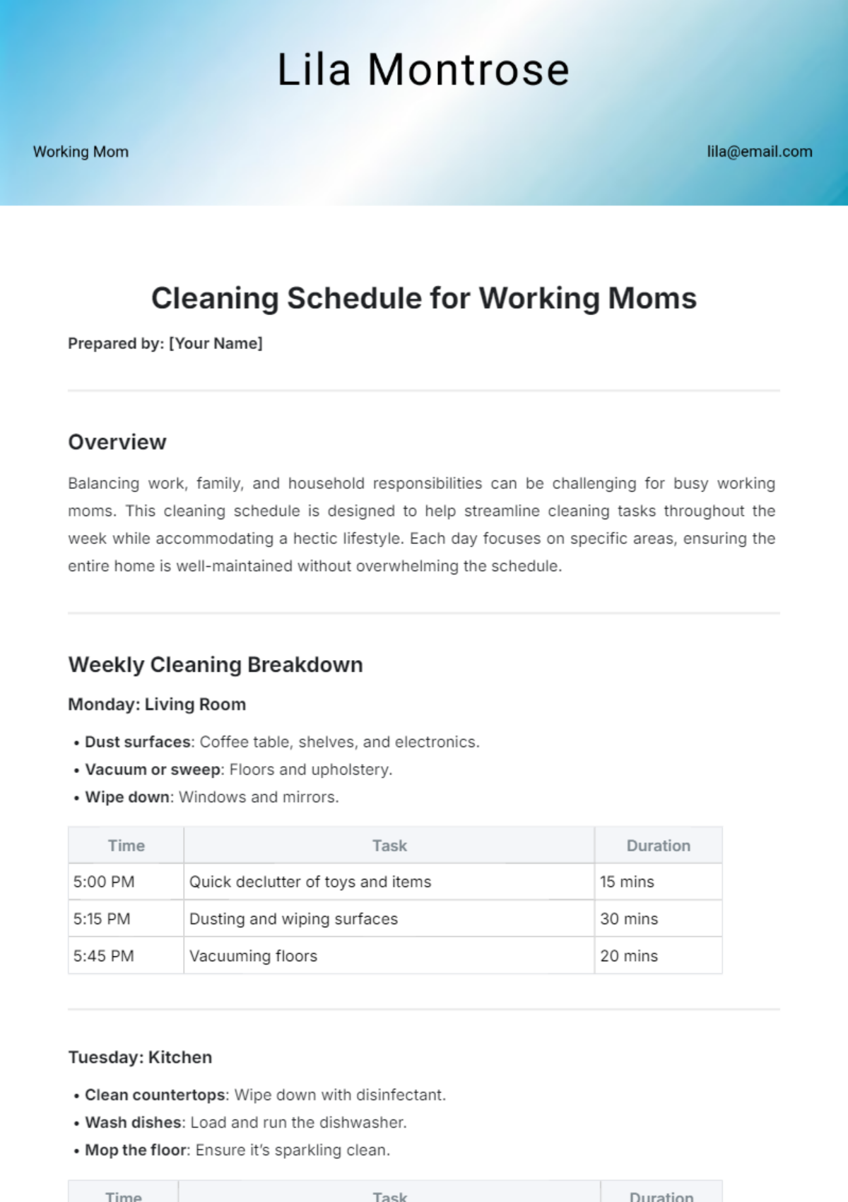 Cleaning Schedule for Working Moms Template - Edit Online & Download