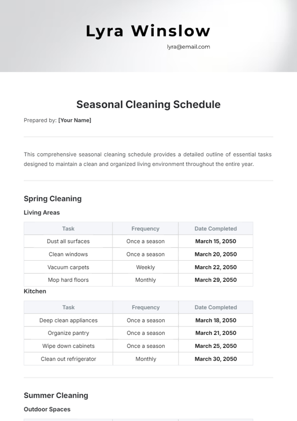 Seasonal Cleaning Schedule Template - Edit Online & Download