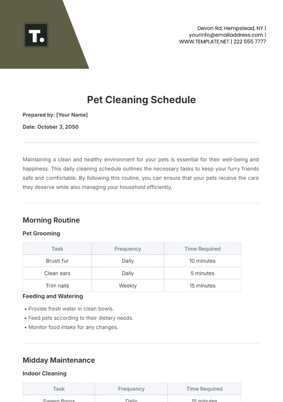 Pet Cleaning Schedule Template - Edit Online & Download