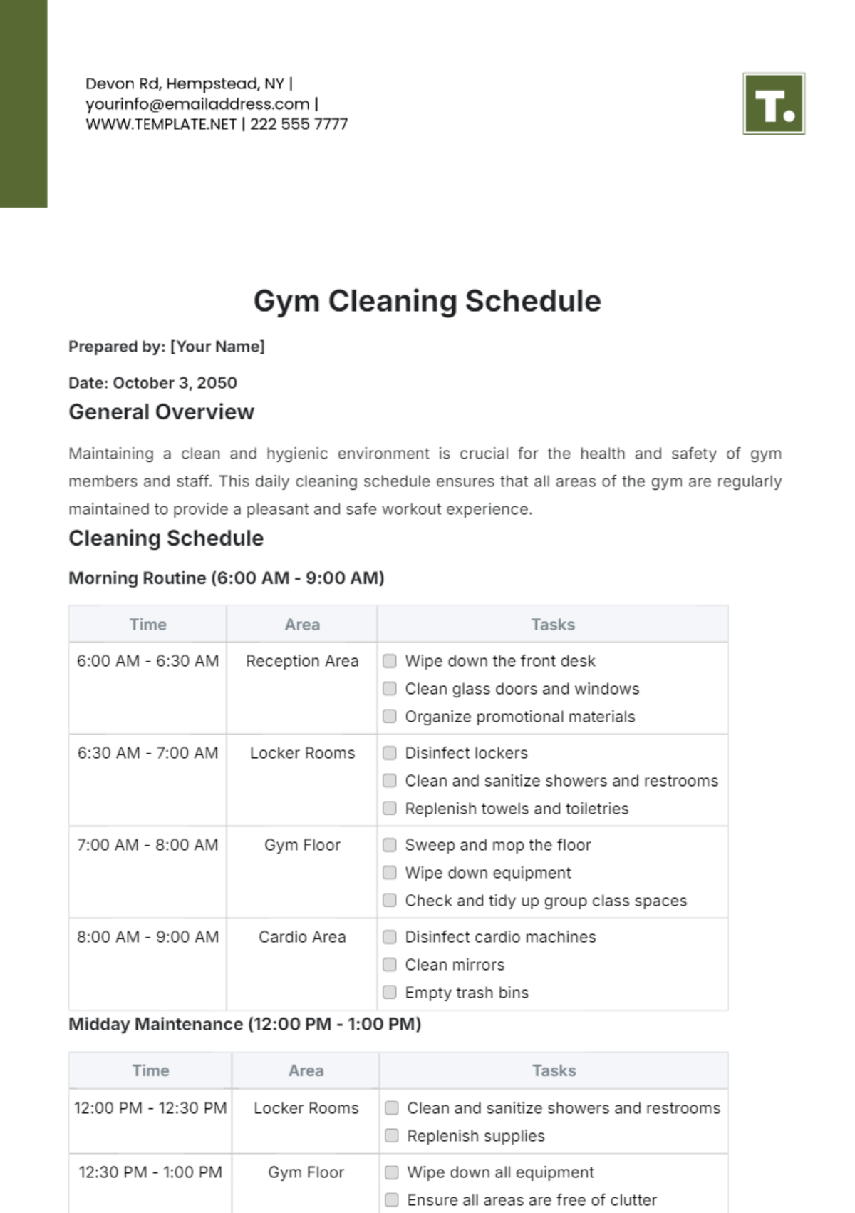 Gym Cleaning Schedule Template - Edit Online & Download