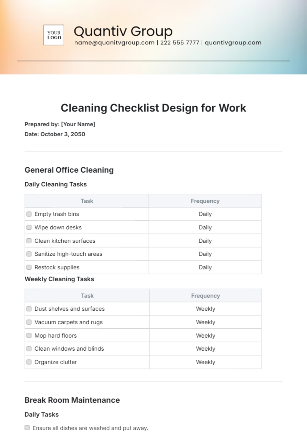 Cleaning Checklist Design for Work Template - Edit Online & Download