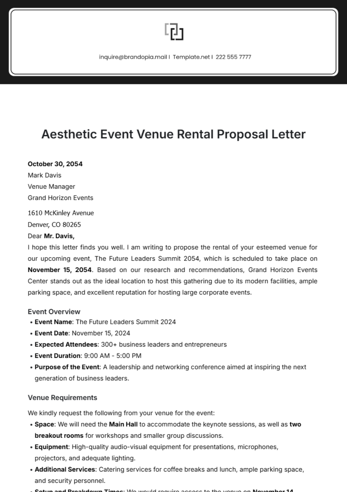 Aesthetic Event Venue Rental Proposal Letter  Template - Edit Online & Download