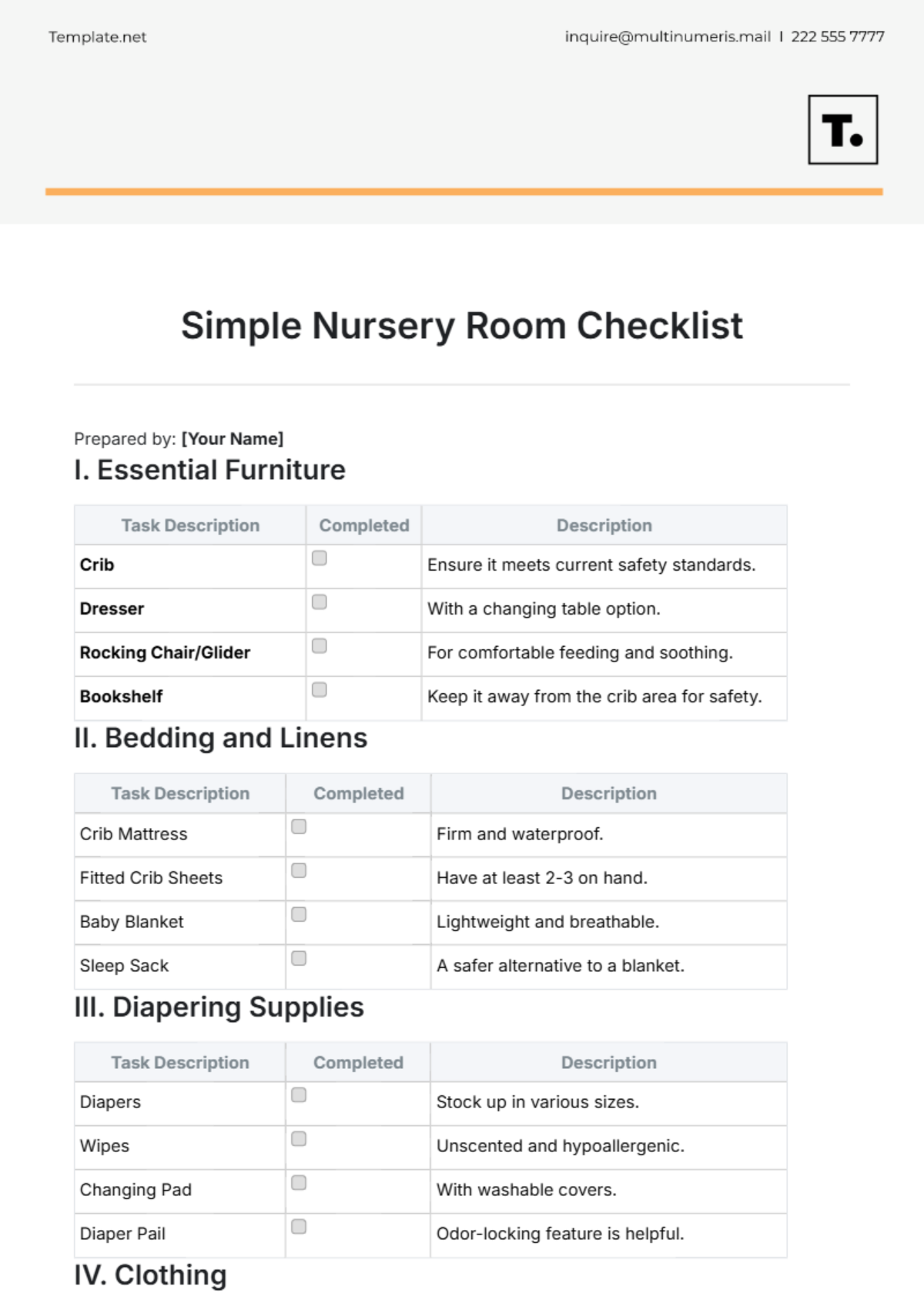 Simple Nursery Room Checklist Template - Edit Online & Download