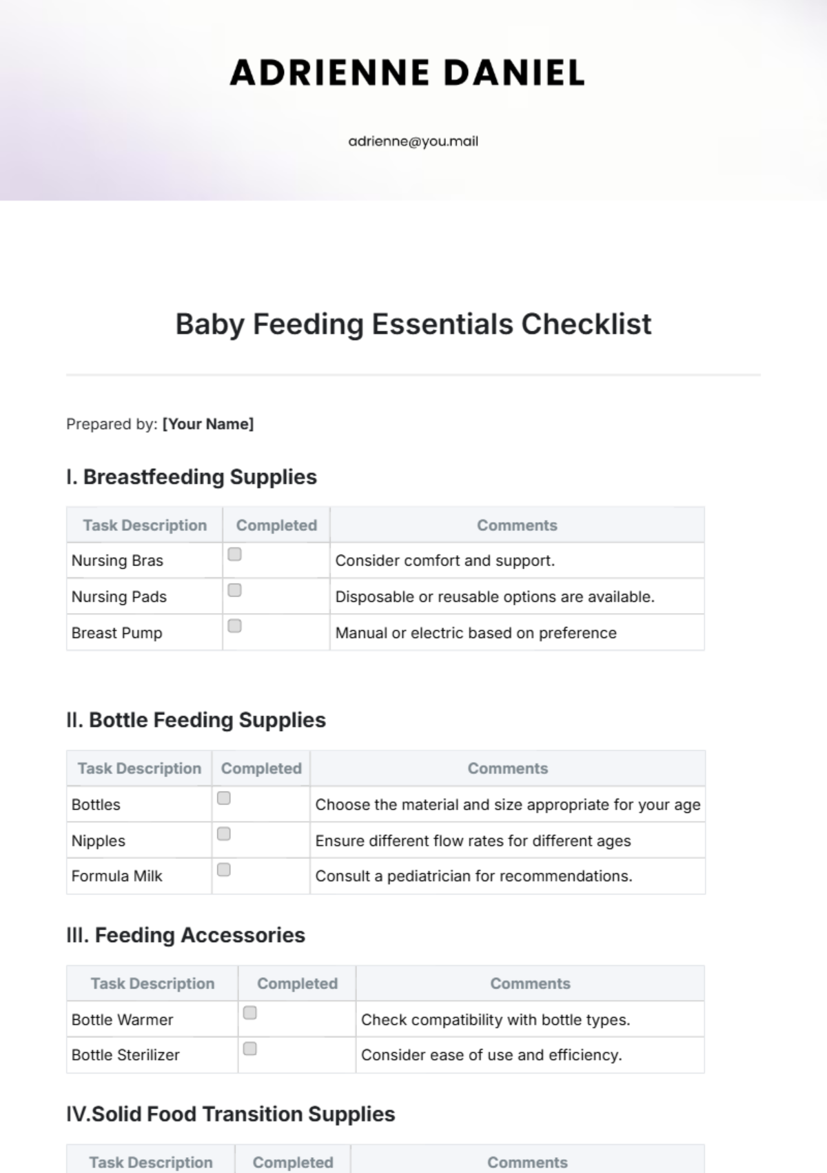 Baby Feeding Essentials Checklist Template - Edit Online & Download