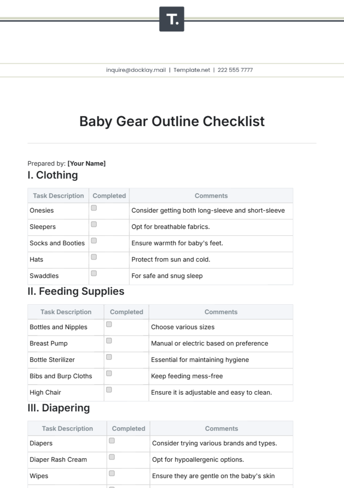 Baby Gear Outline Checklist Template - Edit Online & Download