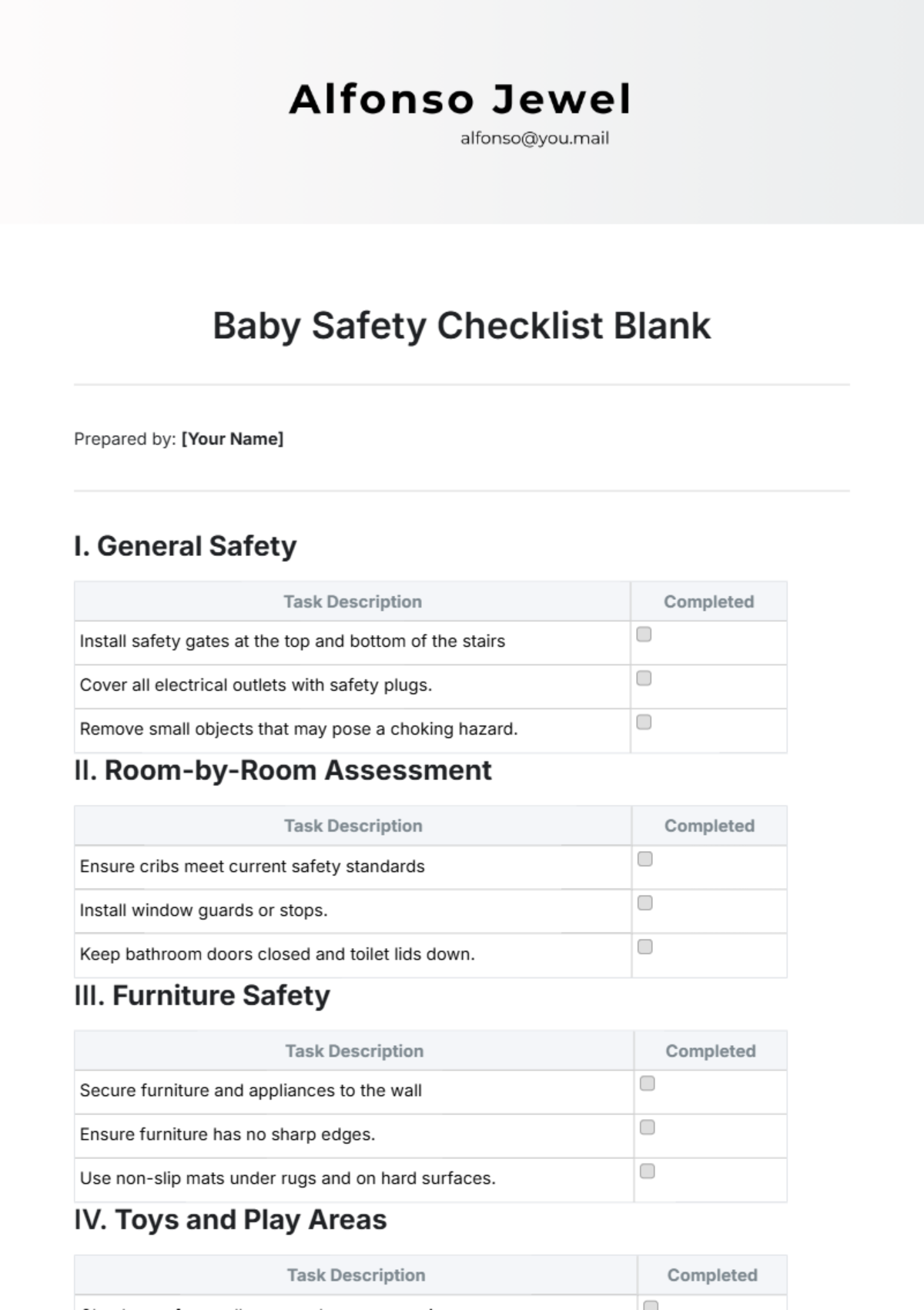 Baby Safety Checklist Blank Template - Edit Online & Download