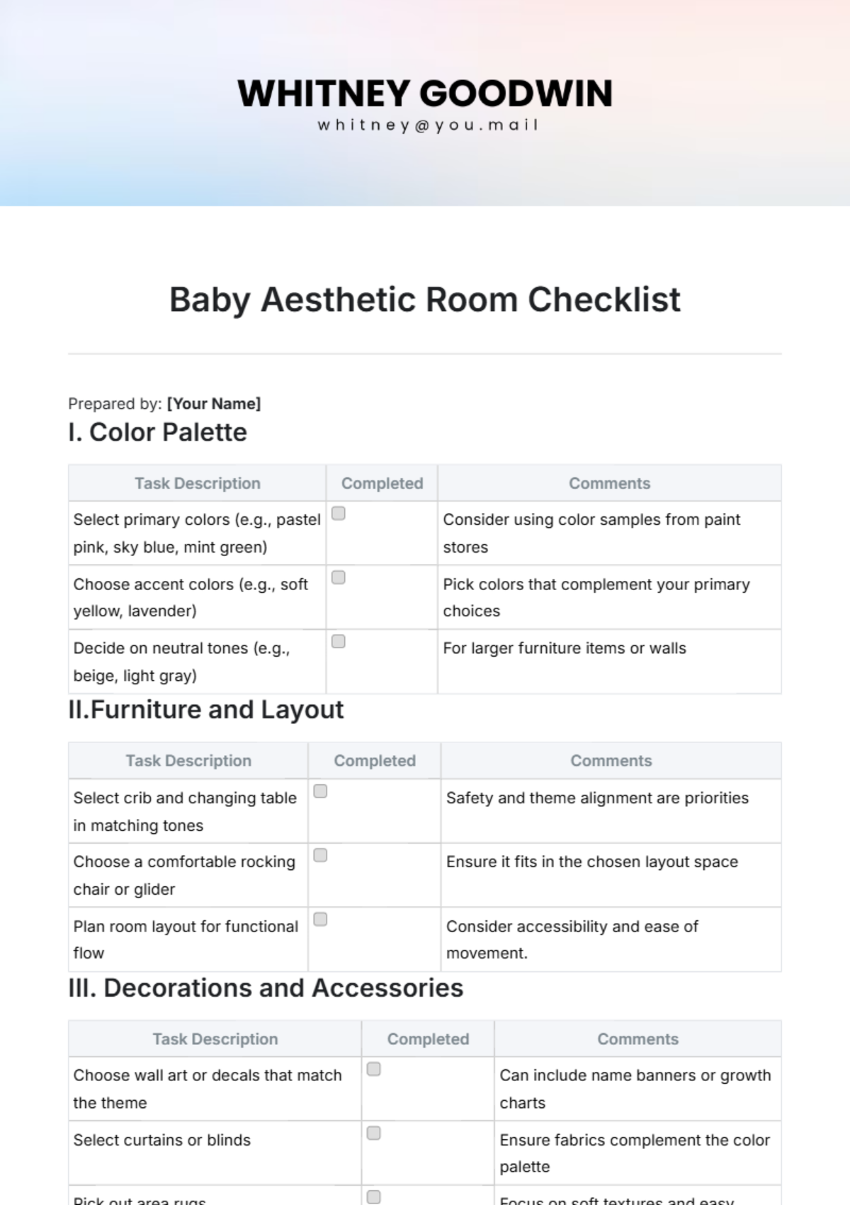 Baby Aesthetic Room Checklist Template - Edit Online & Download