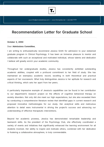 Free Recommendation Letter for Graduate School Template to Edit Online