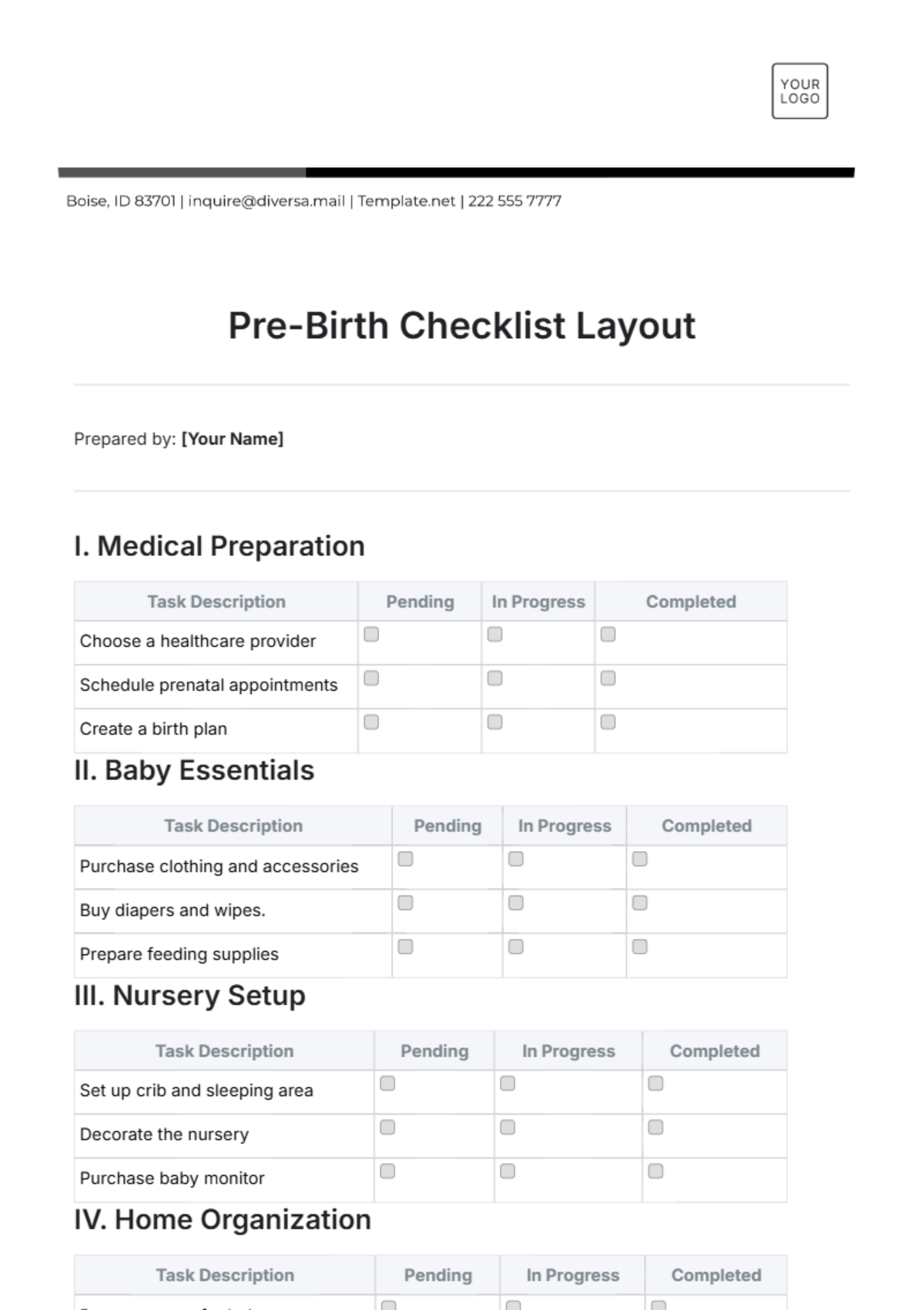 Pre-Birth Checklist Layout Template - Edit Online & Download