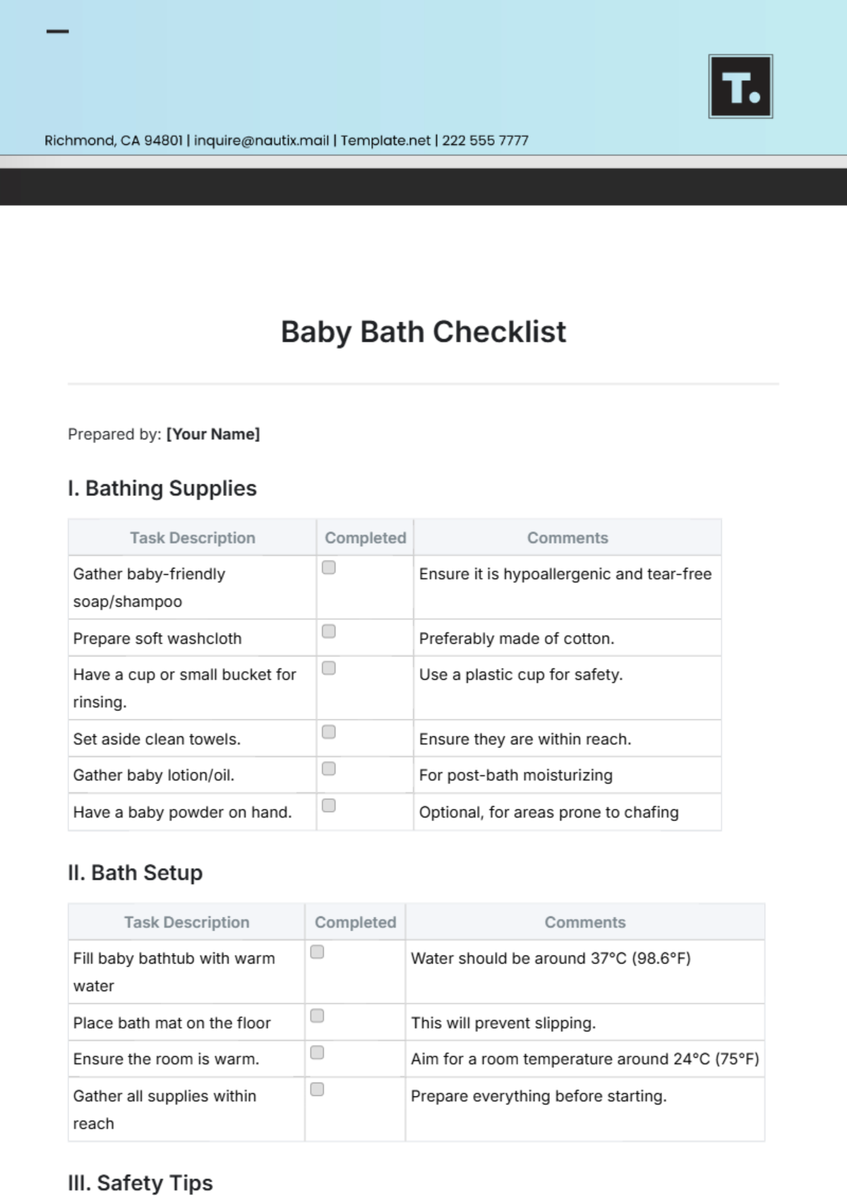 Baby Bath Checklist Template - Edit Online & Download