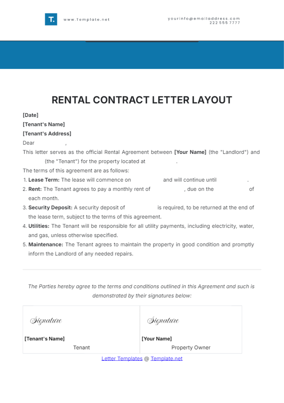 Rental Contract Letter Layout Template - Edit Online & Download