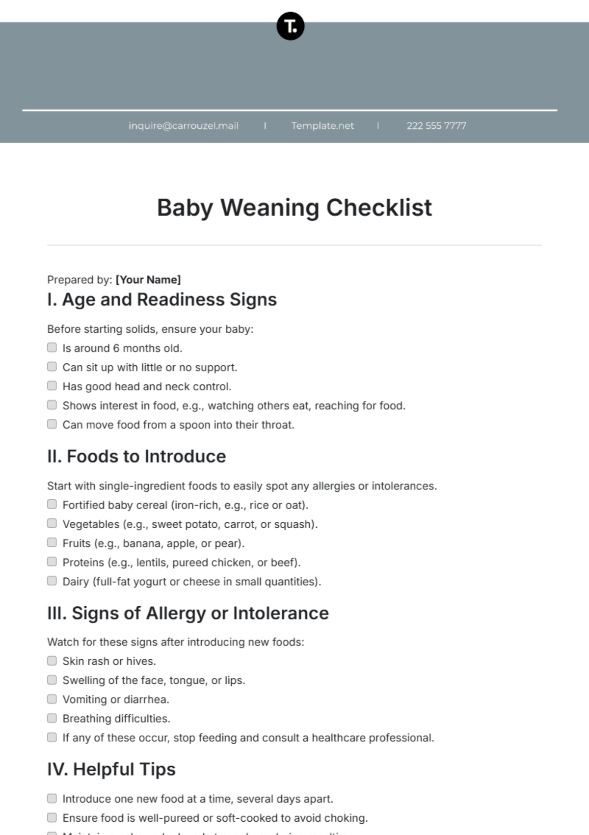 Baby Weaning Checklist Template - Edit Online & Download