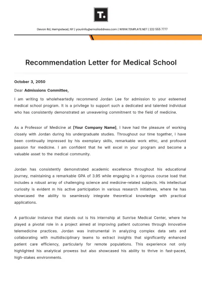 Free Recommendation Letter for Medical School Template to Edit Online