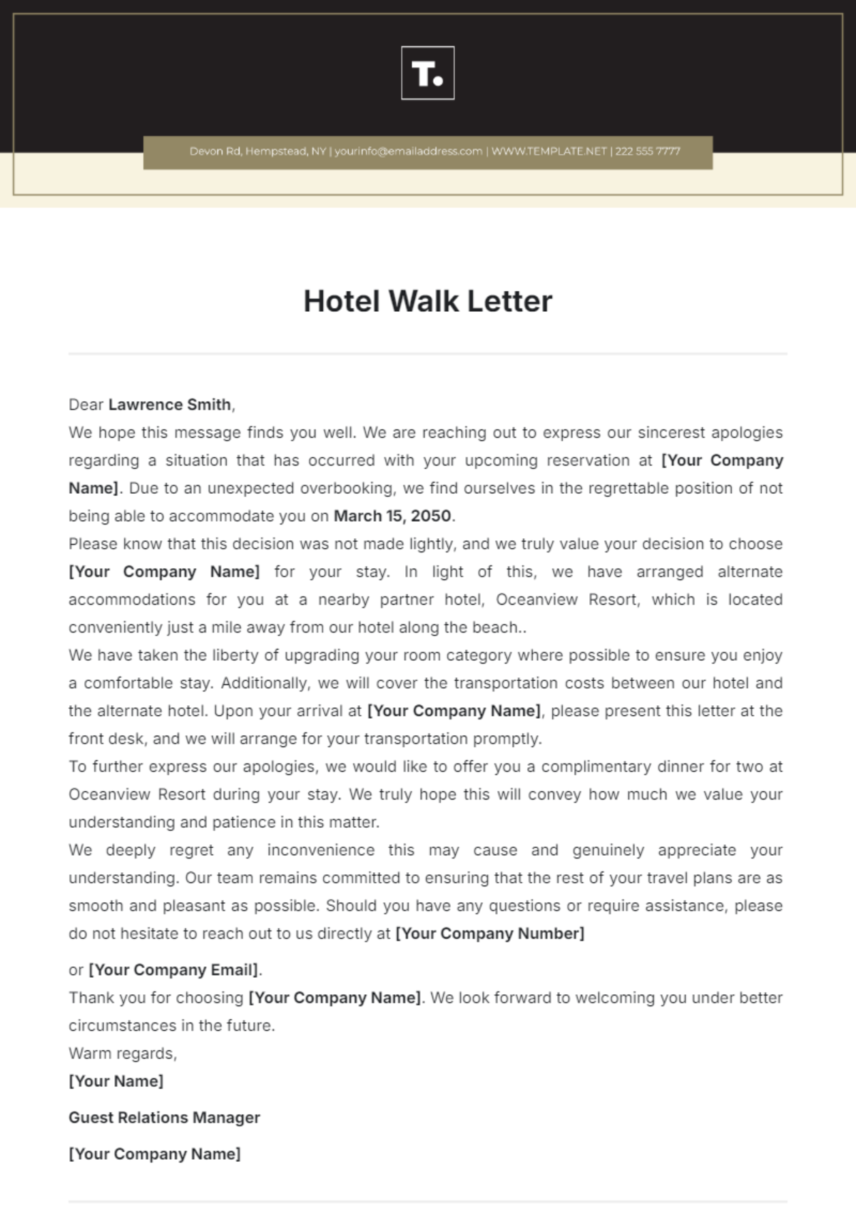 Hotel Walk Letter Template - Edit Online & Download