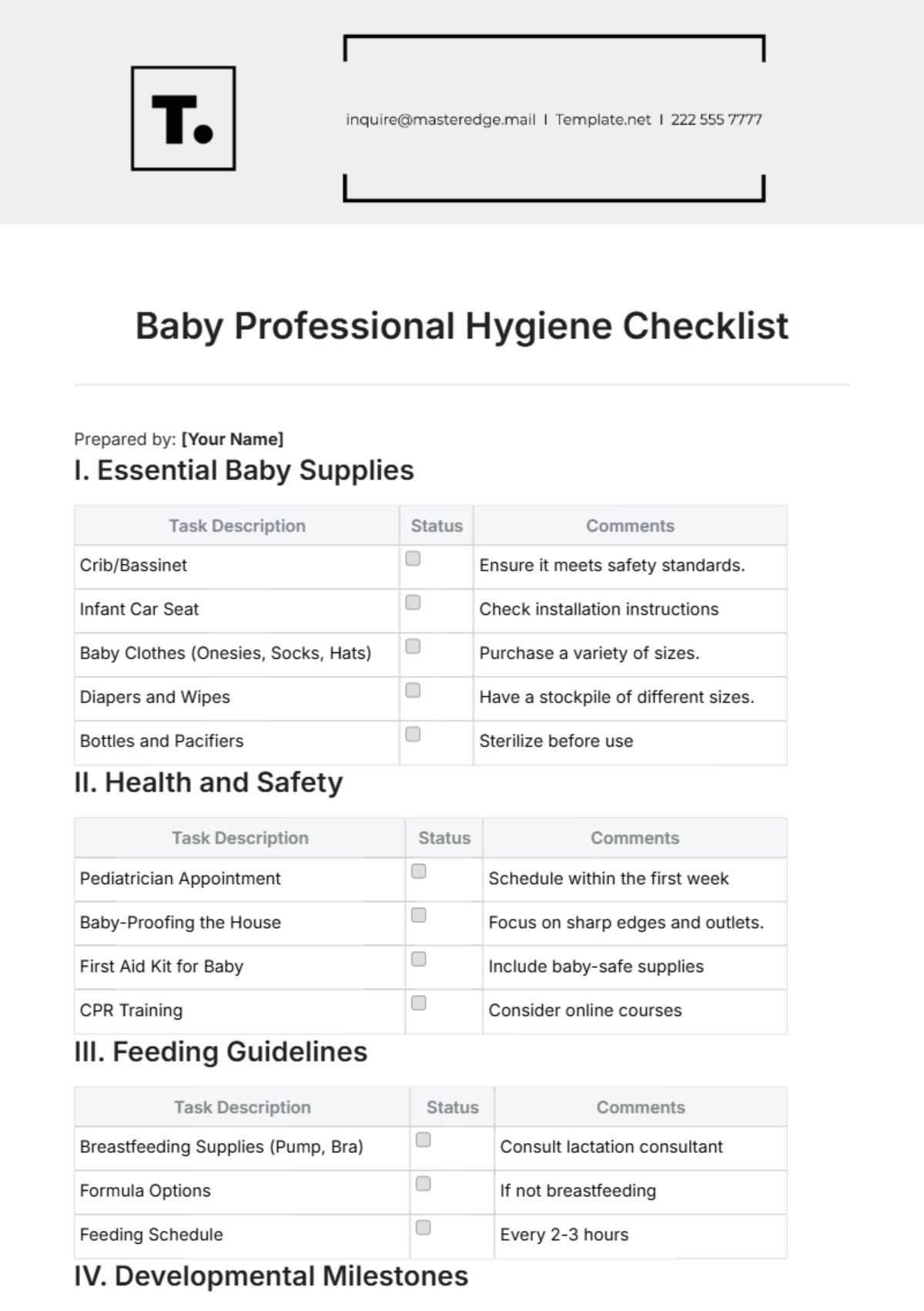 Baby Professional Hygiene Checklist Template - Edit Online & Download