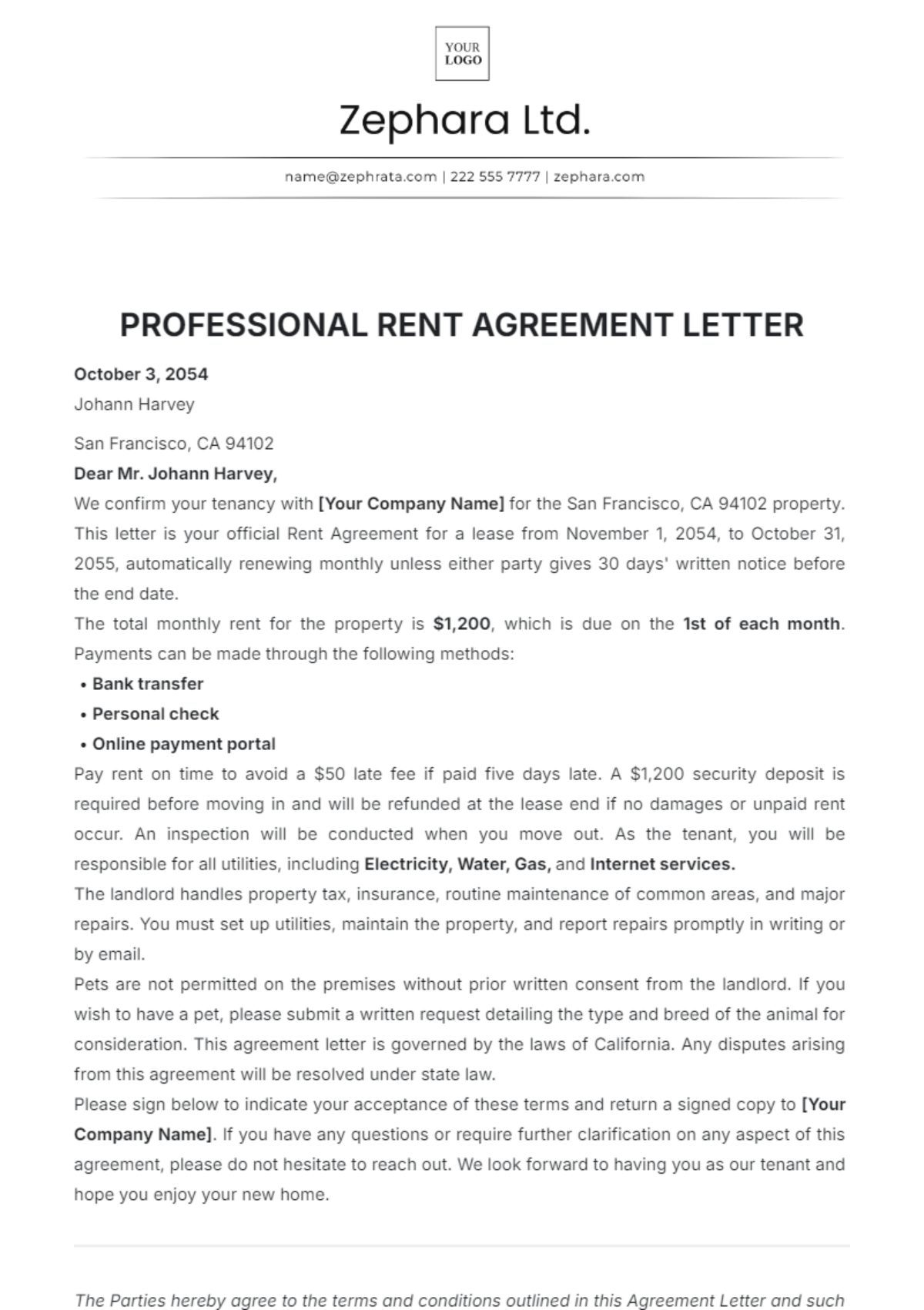 Professional Rent Agreement Letter Template - Edit Online & Download