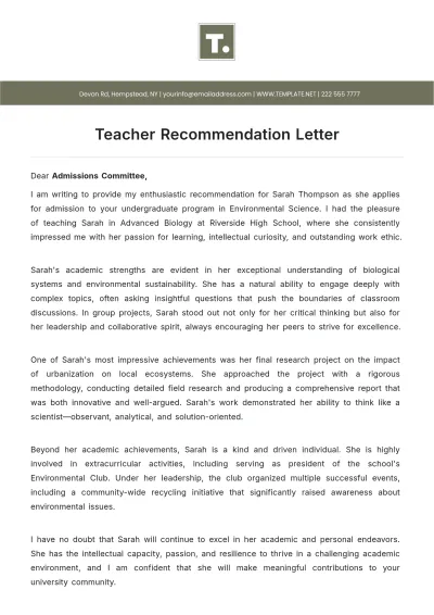 Free Teacher Recommendation Letter Template to Edit Online