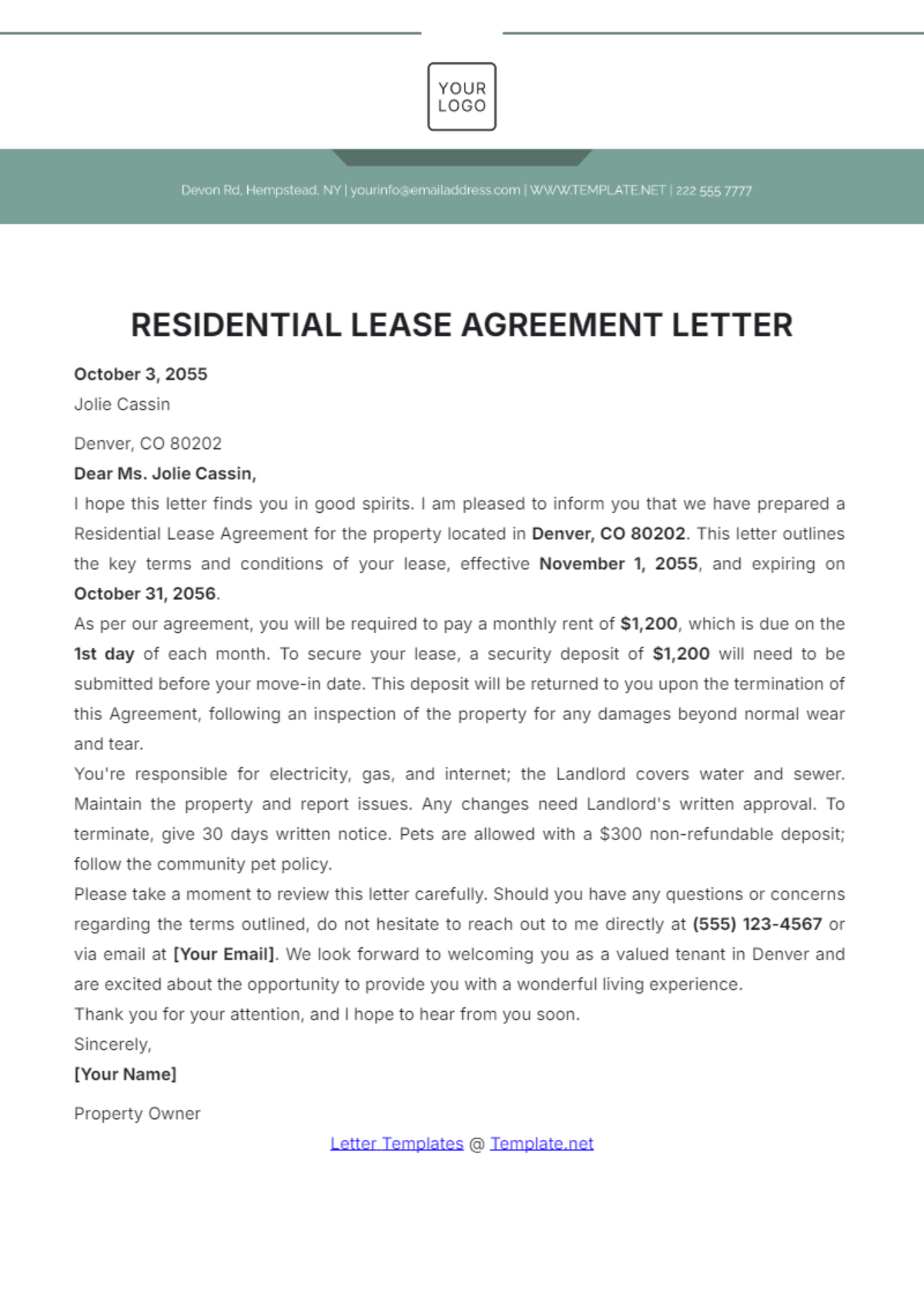 Residential Lease Agreement Letter Template - Edit Online & Download