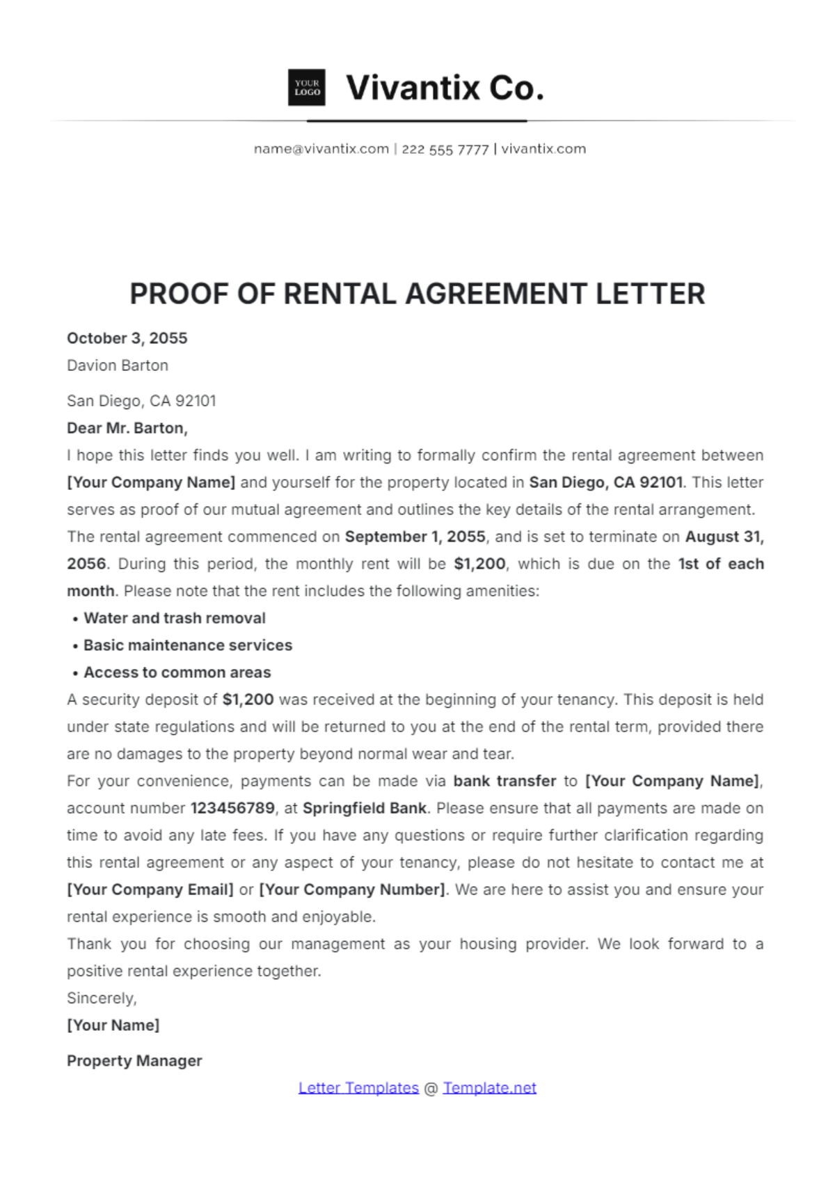 Proof of Rental Agreement Letter Template - Edit Online & Download