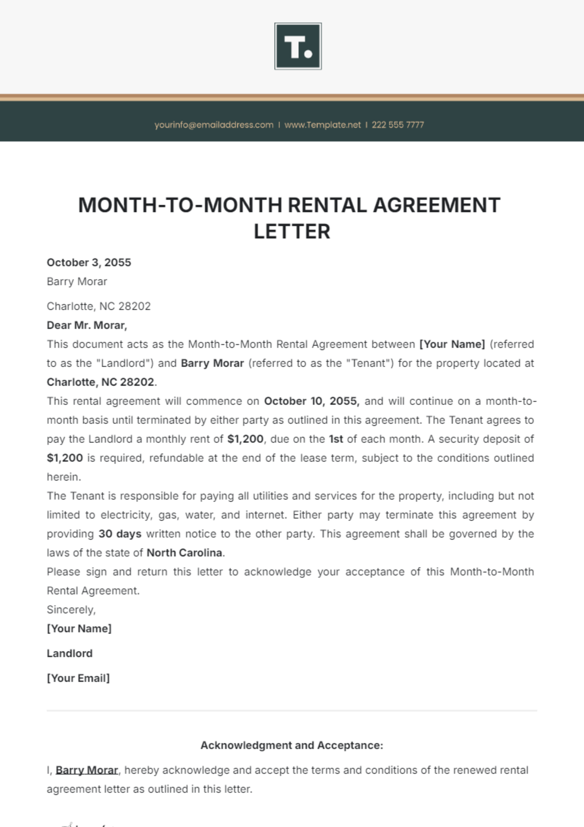 Month-to-Month Rental Agreement Letter Template - Edit Online & Download