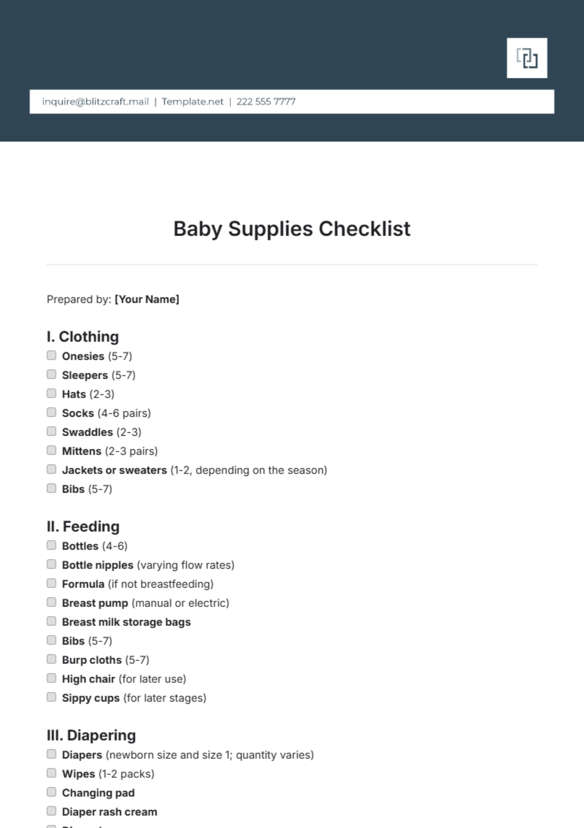 Baby Supplies Checklist Template - Edit Online & Download