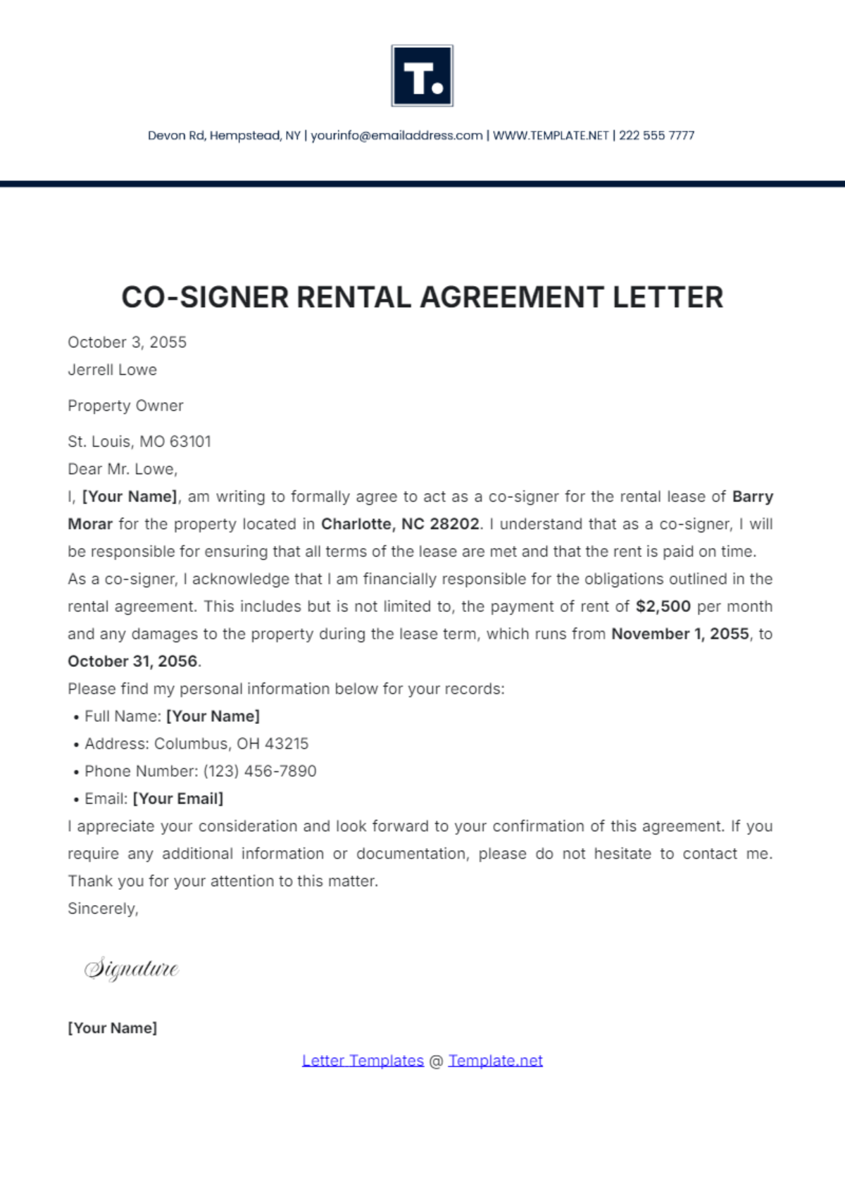 Co-Signer Rental Agreement Letter Template - Edit Online & Download