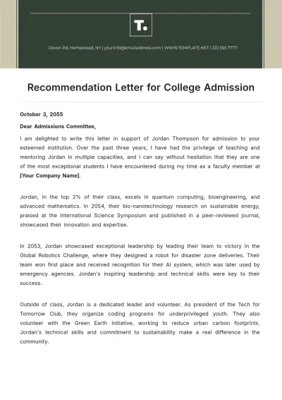 Free Recommendation Letter for College Admission Template to Edit Online