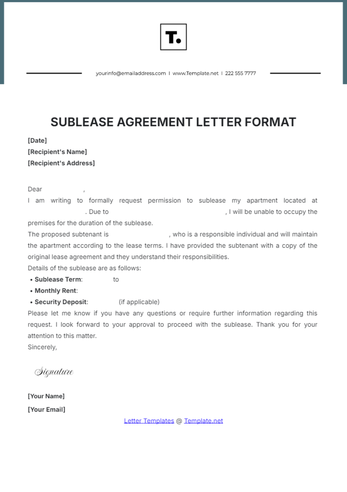 Sublease Agreement Letter Format Template - Edit Online & Download