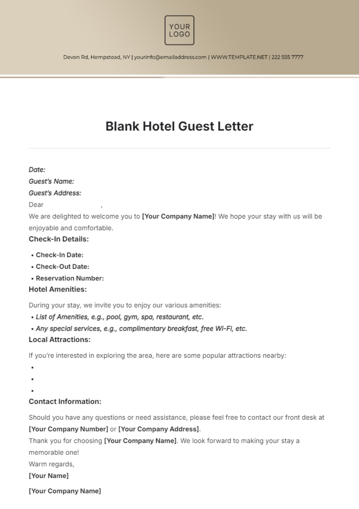 Blank Hotel Guest Letter Template - Download | Template.net