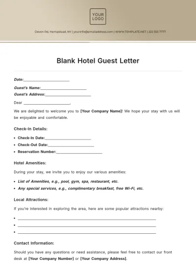 Free Blank Hotel Guest Letter Template to Edit Online