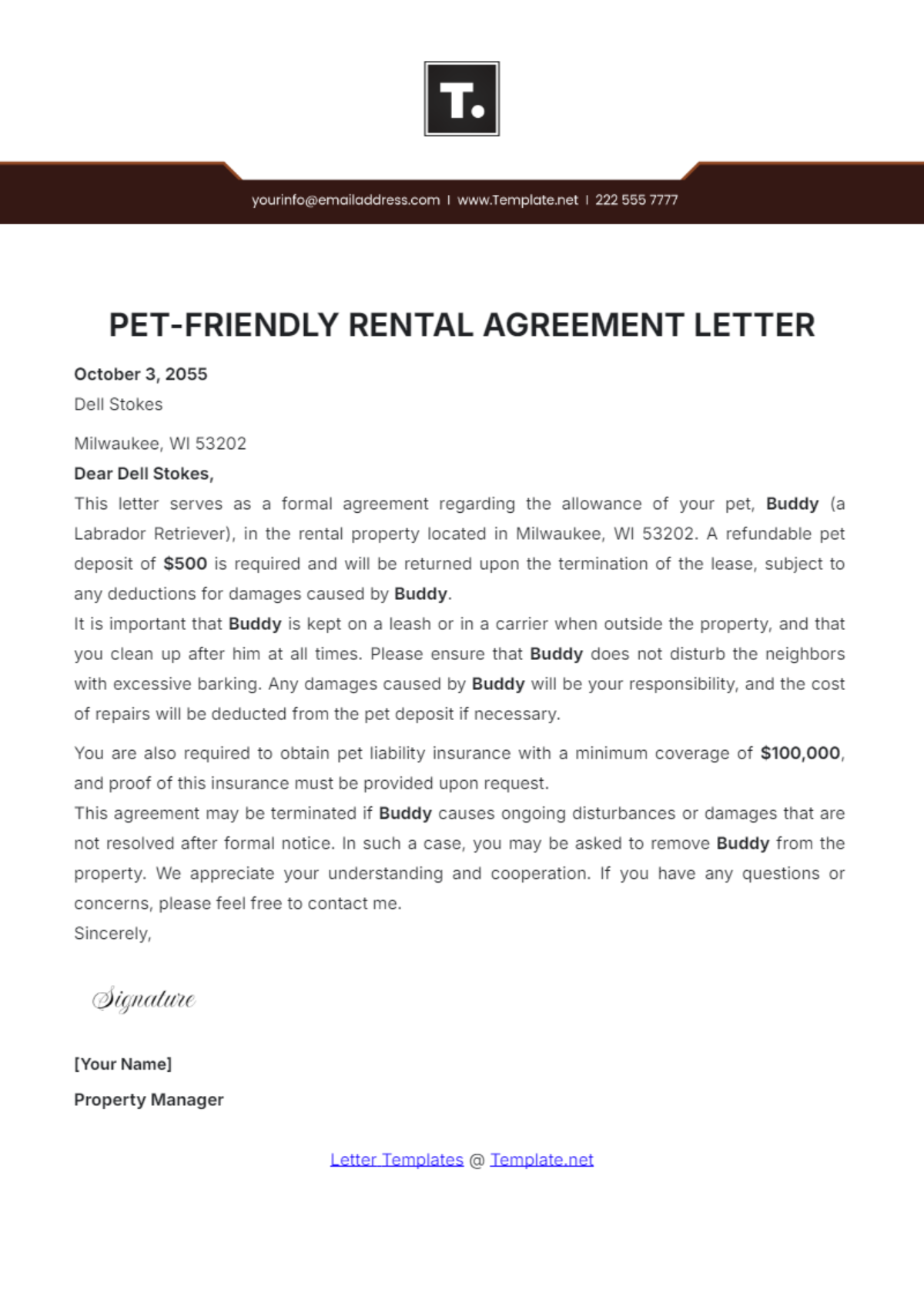 Pet-Friendly Rental Agreement Letter Template - Edit Online & Download