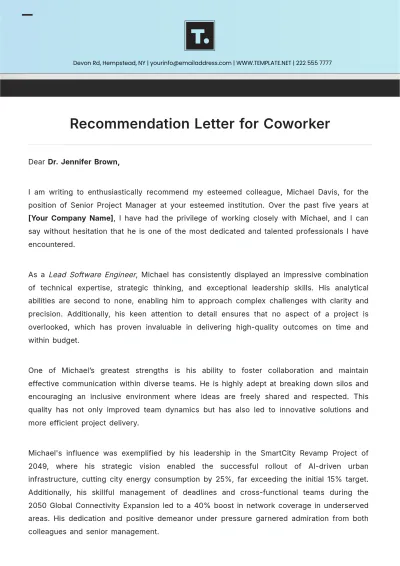 Free Recommendation Letter for Coworker Template to Edit Online