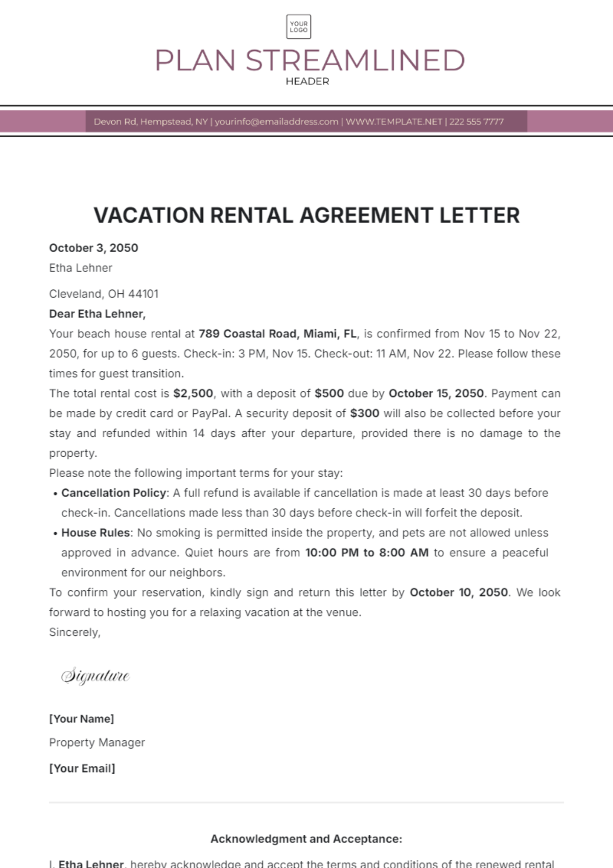 Vacation Rental Agreement Letter Template - Edit Online & Download