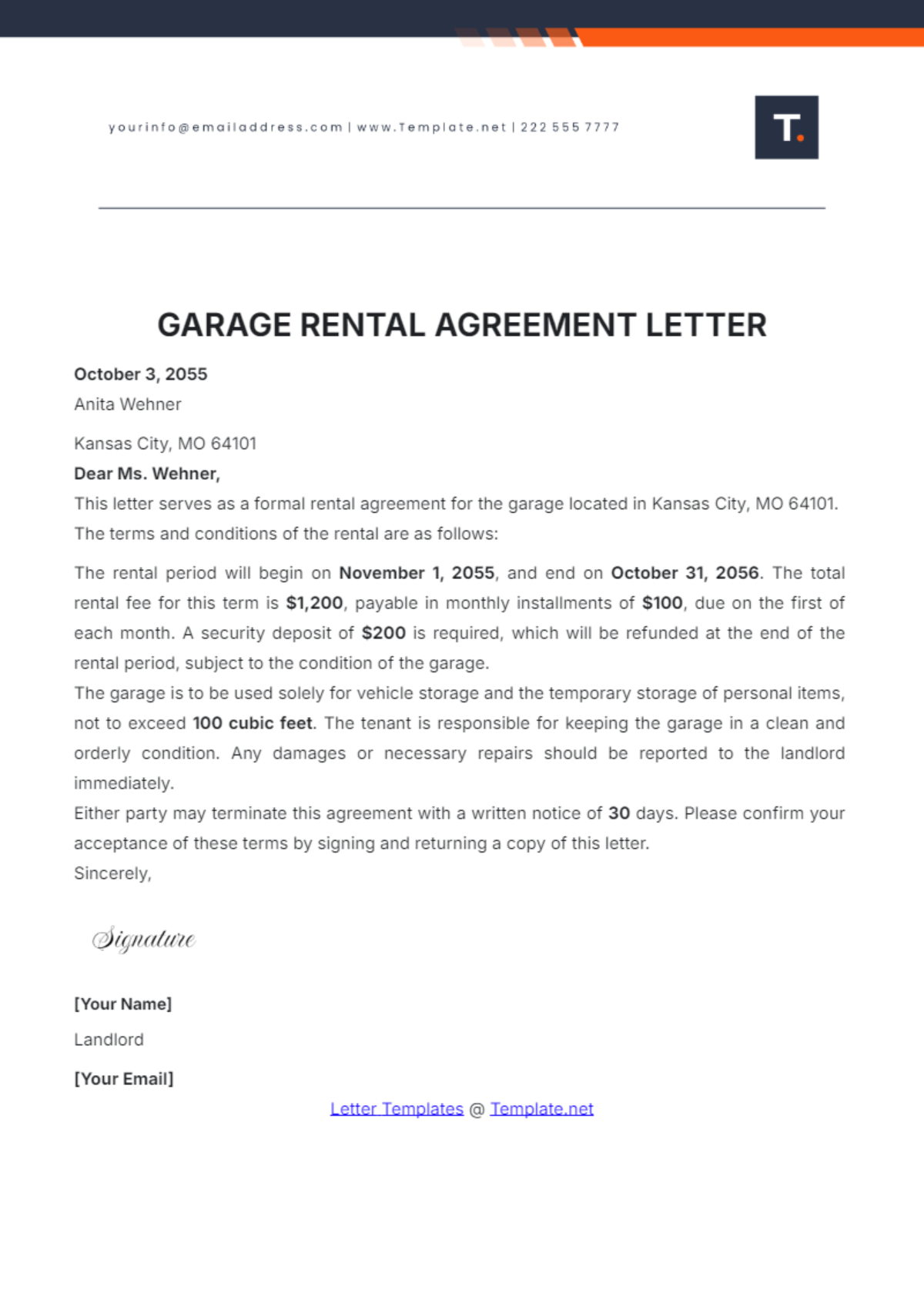 Garage Rental Agreement Letter Template - Edit Online & Download